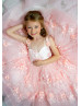 Off Shoulder Pink Beaded Lace Layered Tulle Flower Girl Dress